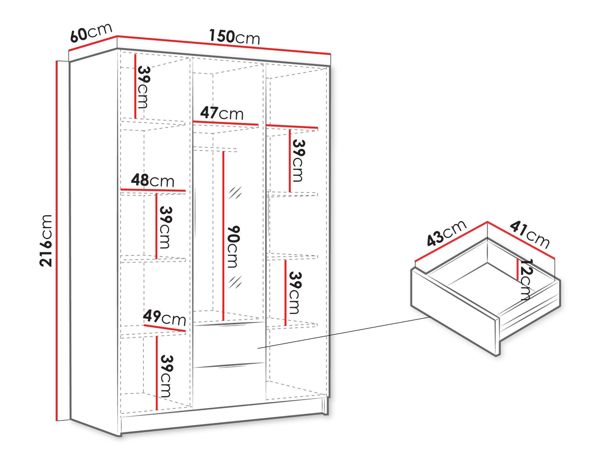 Gardróbszekrény Szafa CALWI II 150, Szín: Fehér, Fogantyú színe: Fekete