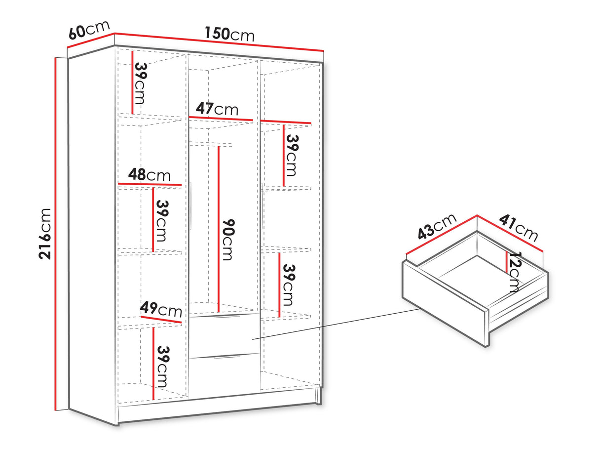 Gardróbszekrény Szafa CALWI I 150, Szín: Fehér, Fogantyú színe: Fekete
