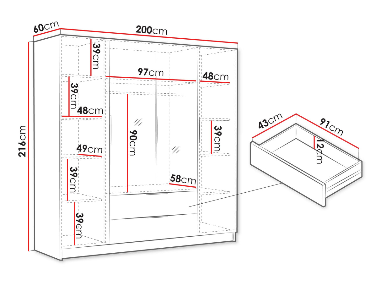 Gardróbszekrény Szafa SOFIA II 200, Szín: Fehér, Fogantyú színe: Fekete