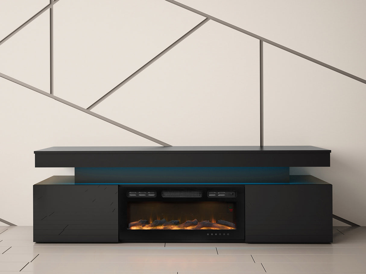 TV-állvány Szafka RTV EF 2D GLOSSA + LED + kominek (Lestirola) , Szín: Fekete + Fényes fekete 4273680