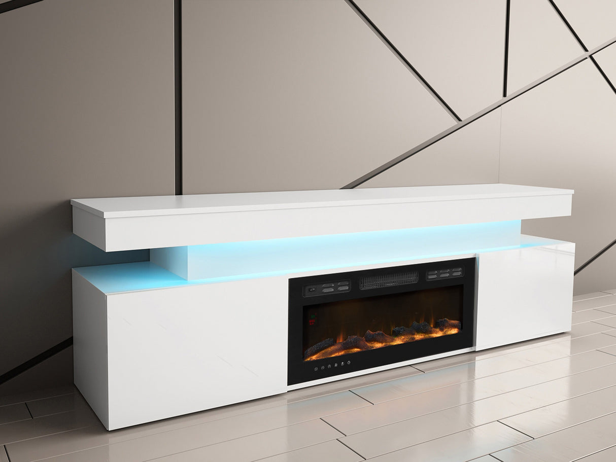 TV-állvány Szafka RTV EF 2D GLOSSA + LED + kominek (Lestirola) , Szín: Fehér + Fényes fehér 4273693