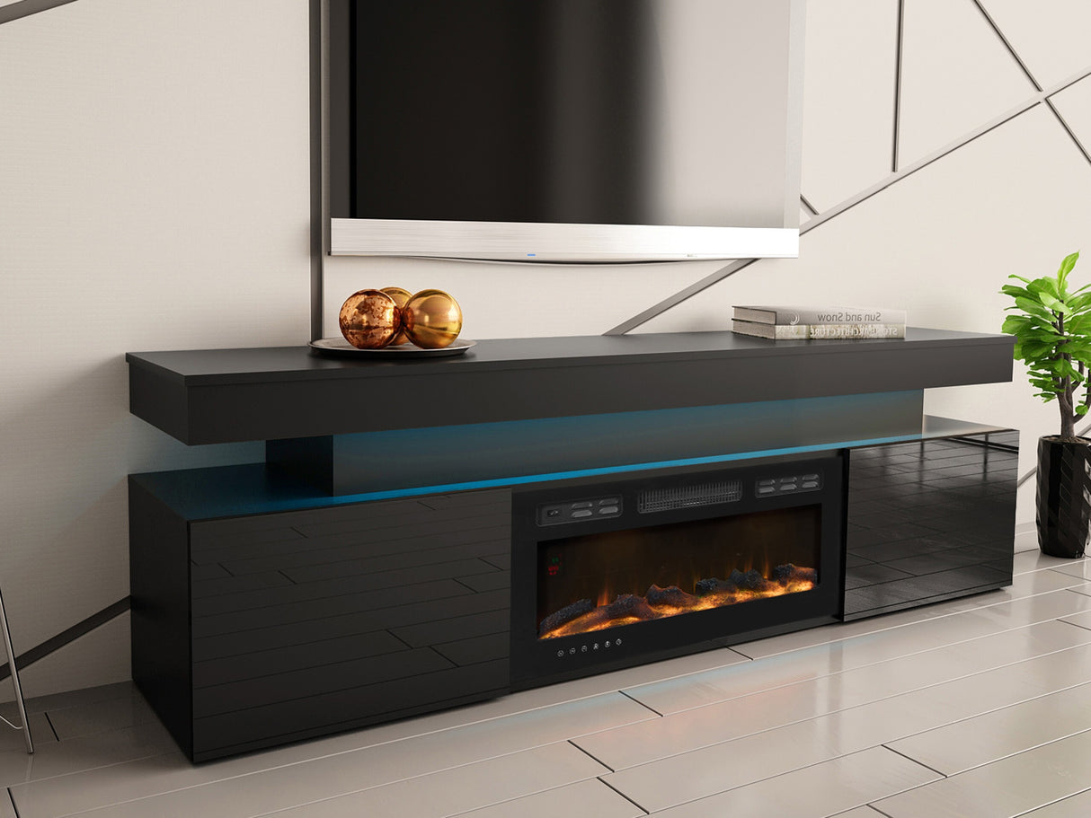 TV-állvány Szafka RTV EF 2D GLOSSA + LED + kominek (Lestirola) , Szín: Fekete + Fényes fekete 4273695