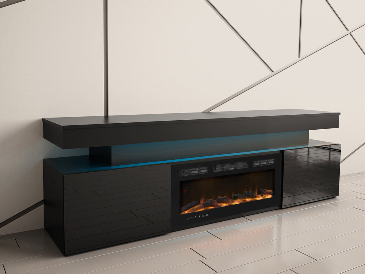 TV-állvány Szafka RTV EF 2D GLOSSA + LED + kominek (Lestirola) , Szín: Fekete + Fényes fekete 4273700