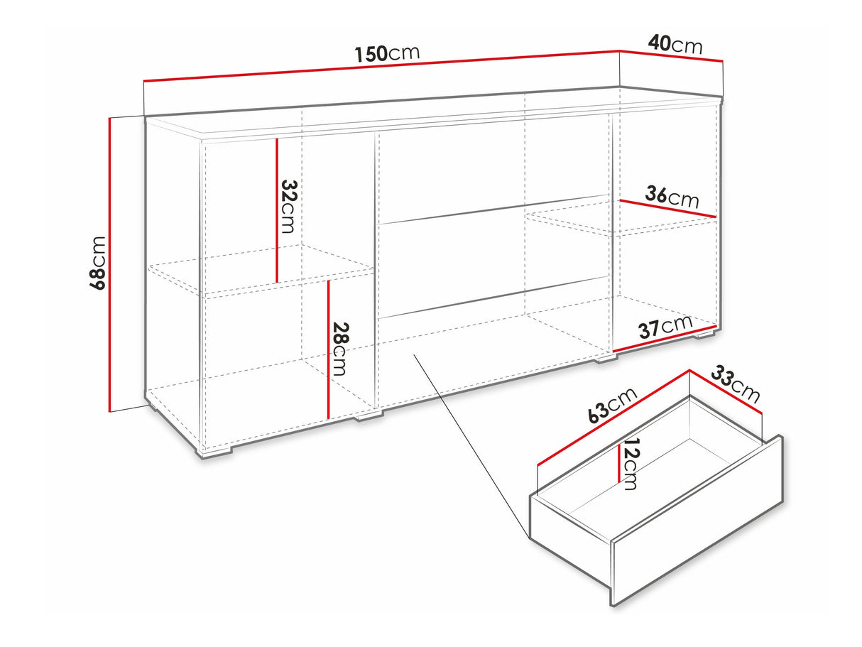 Komód VERA 150 (Sawoti), Szín: Matera szürke + Fényes fehér, Led világítás: Igen fehér 4284064
