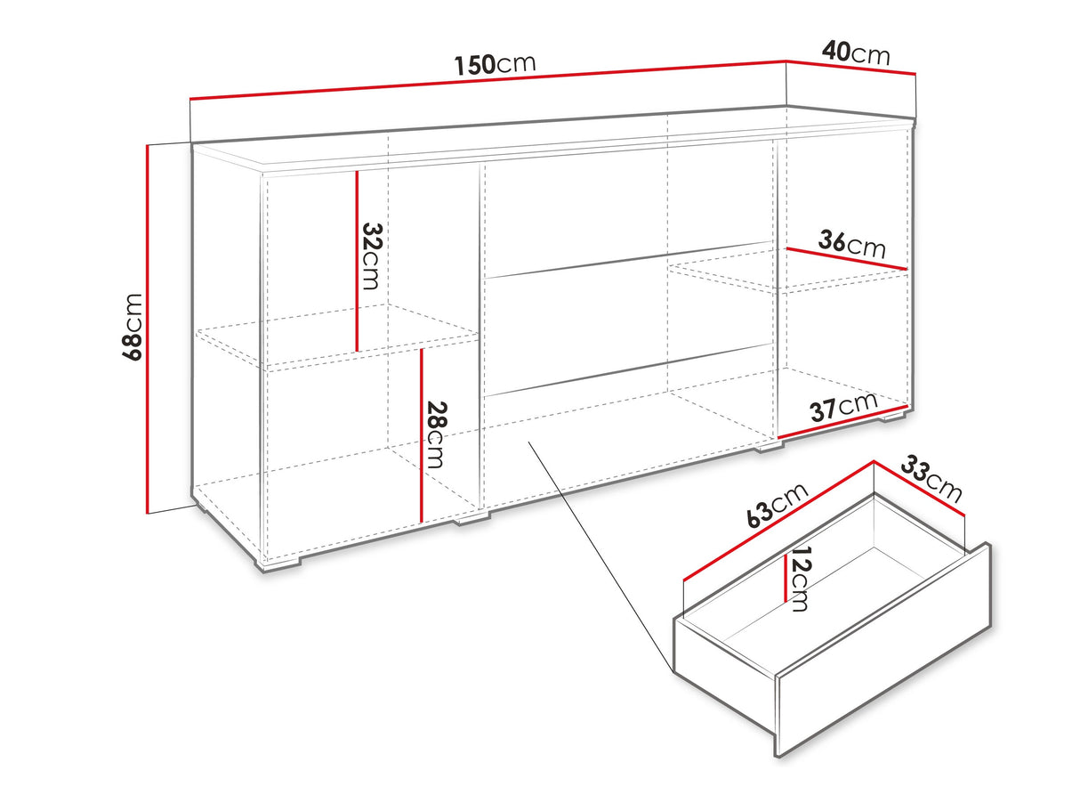 Komód VERA 150 (Sawoti), Szín: Fényes szürke, Led világítás: Igen fehér