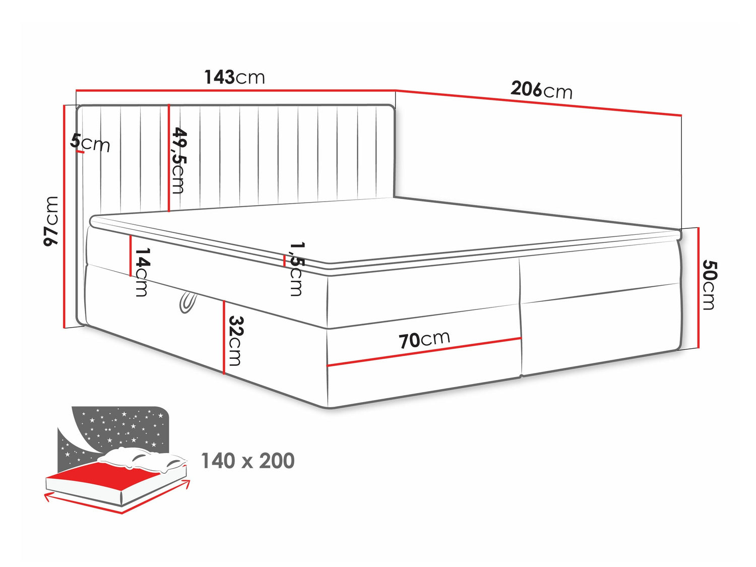 Kontinentális ágy Łóżko kontynentalne TIRULO + topper M, Szín: Manila 09, Alvó felület mérete: 140 x 200 cm