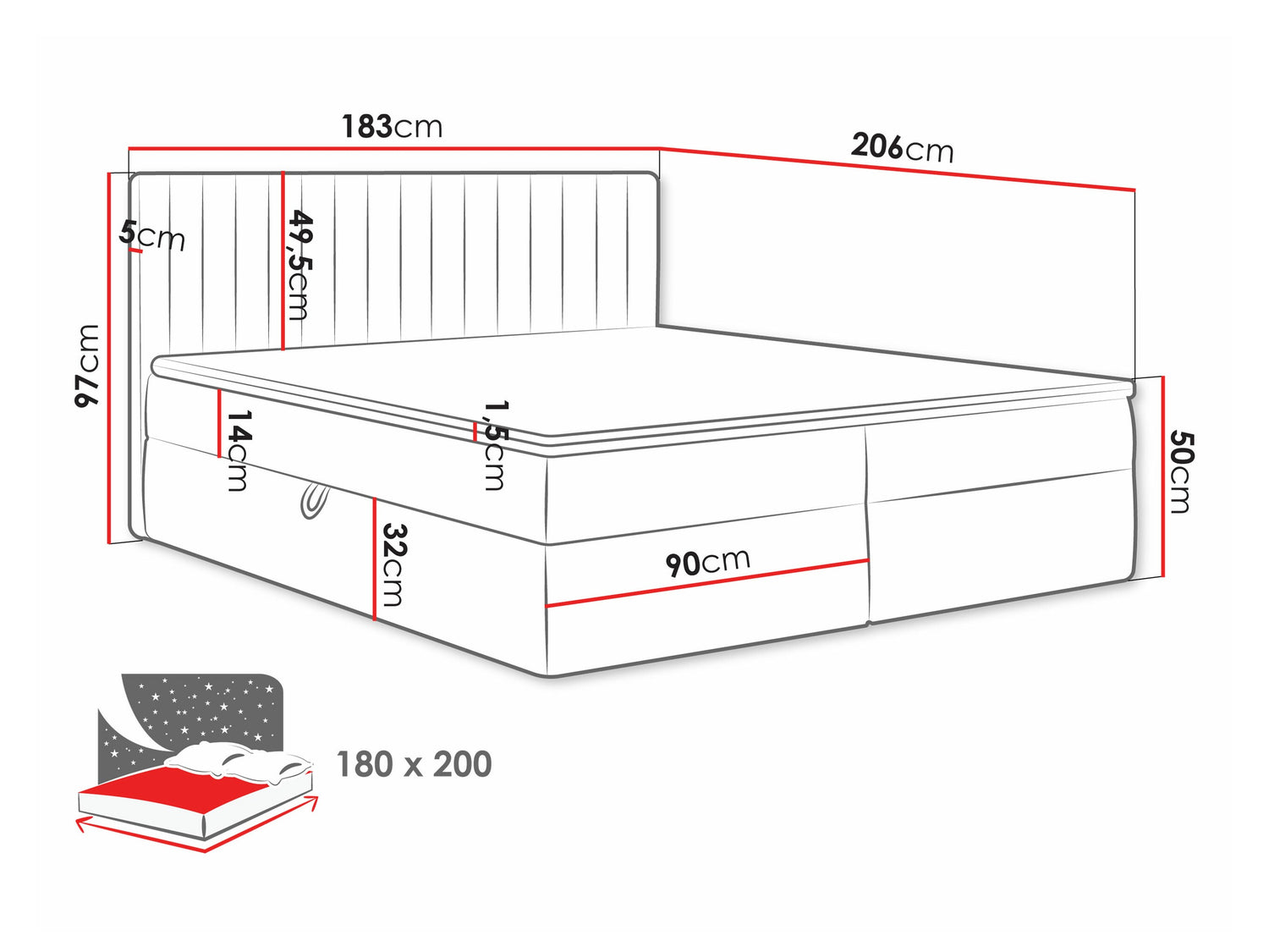 Kontinentális ágy Łóżko kontynentalne TIRULO + topper M, Szín: Manila 09, Alvó felület mérete: 180 x 200 cm