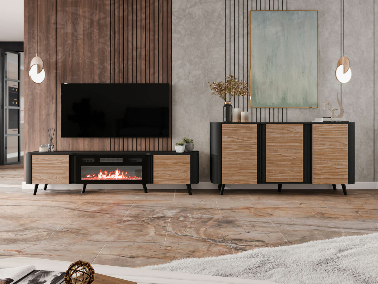 TV-állvány Szafka RTV VOLARE 200 EF + kominek Czarny mat/Orzech Kominek: Czarny (Fekete + Dió) 4311453