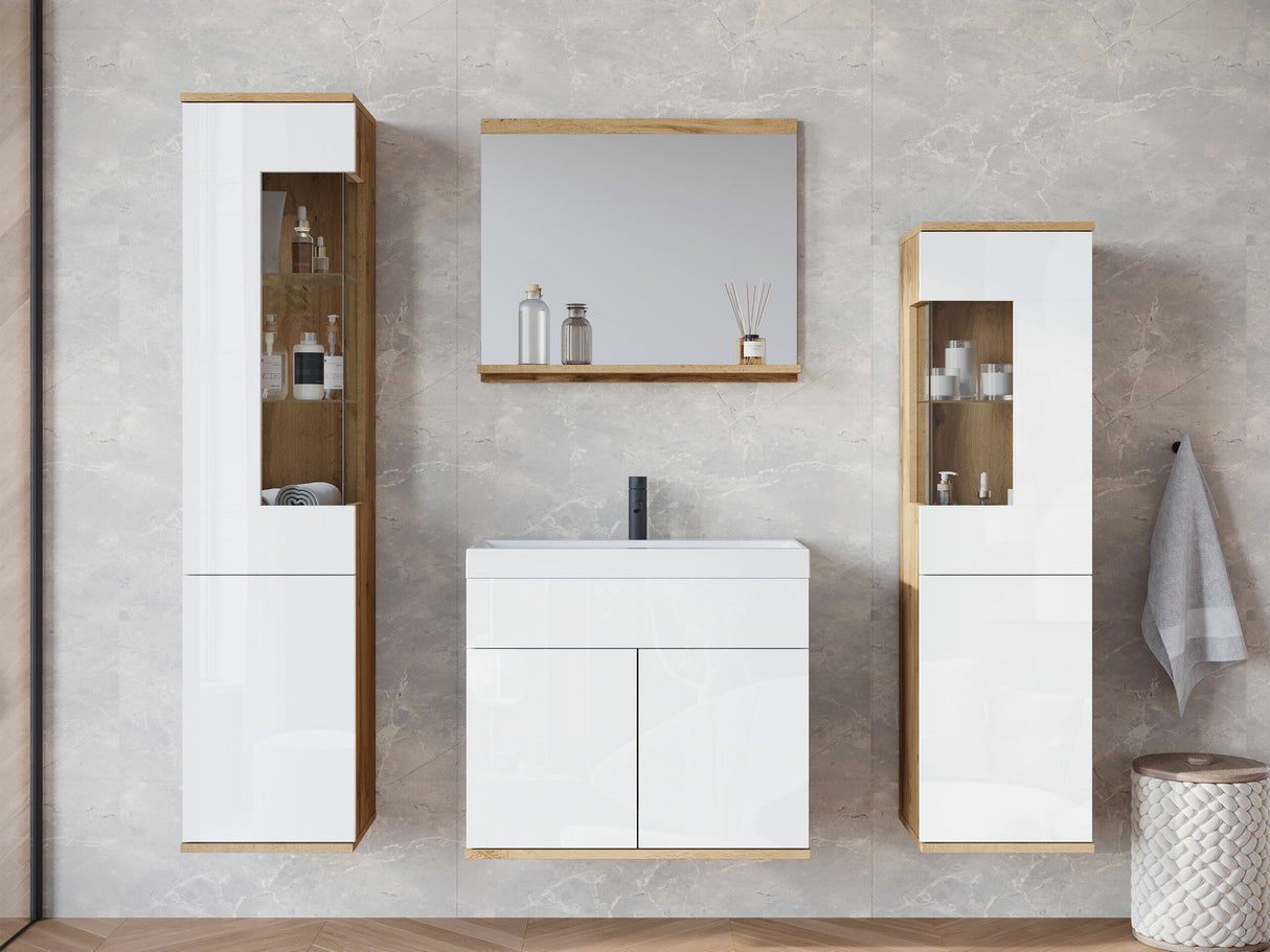 Fürdőszoba garnitúra z umywalką NAIROBI, Szín: Wotan tölgy + Fényes fehér, Led világítás: Nem