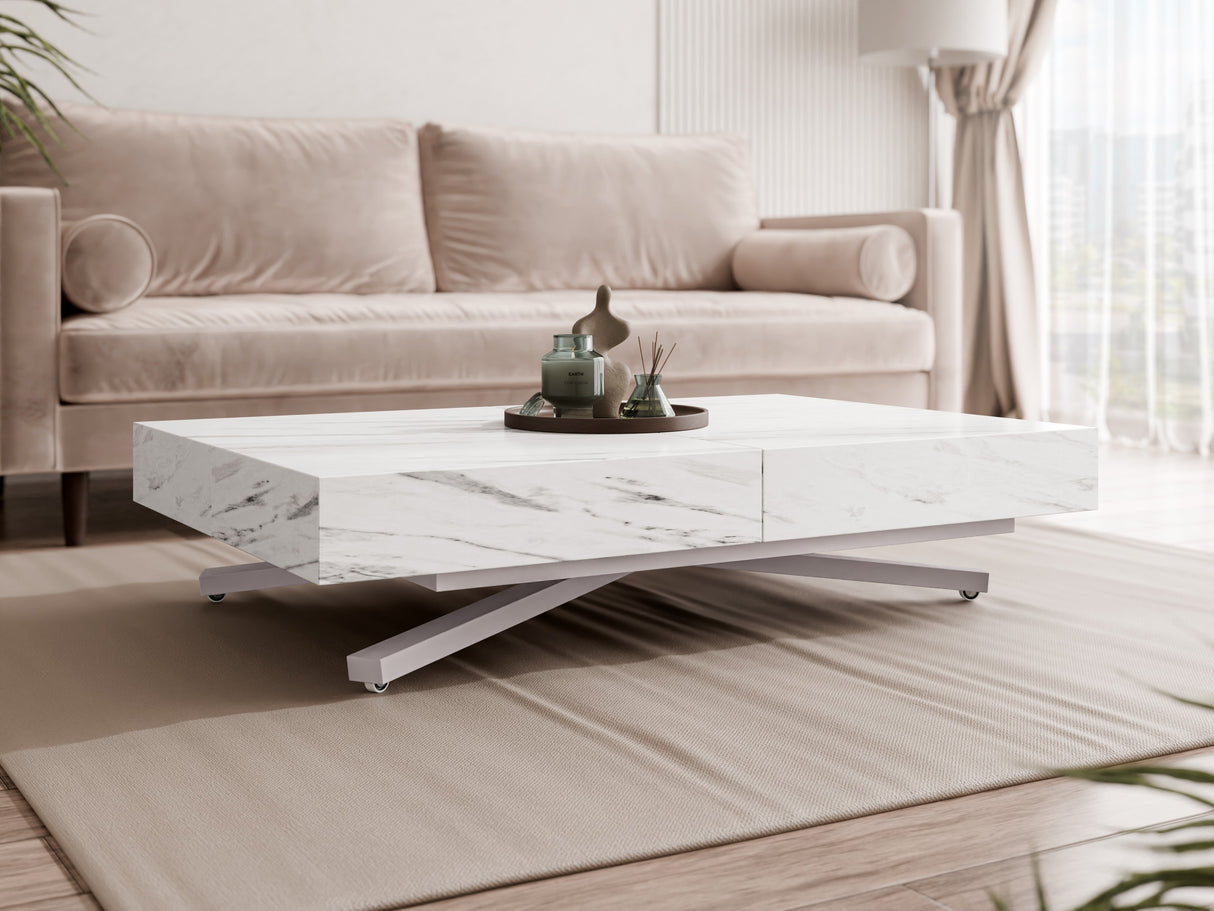 Kihajtható dohányzóasztal SANNA X, színe: Fehér márvány