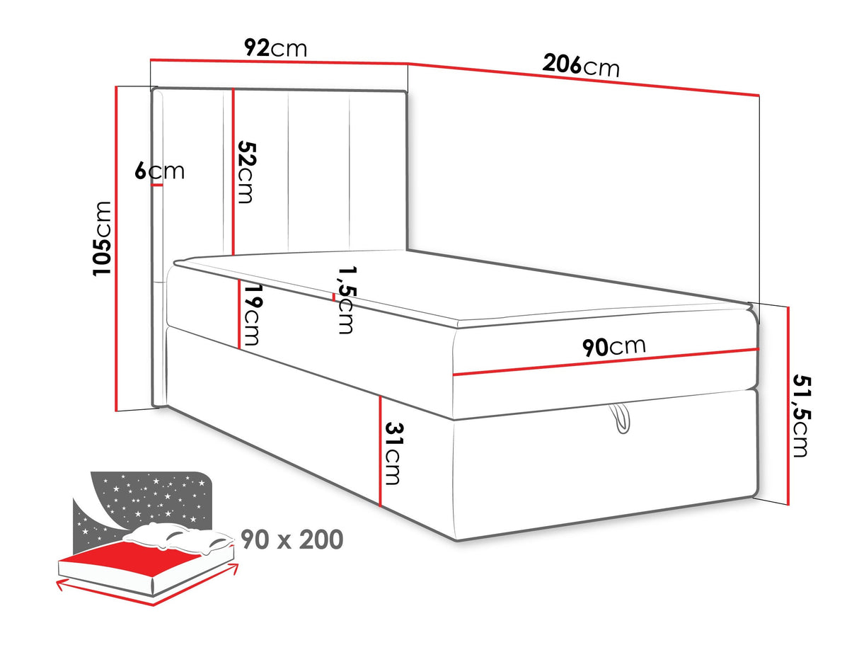Kontinentális ágy Łoże REBOS + topper M, Szín: Lambi 04, Alvó felület mérete: 90 x 200 cm 4968943