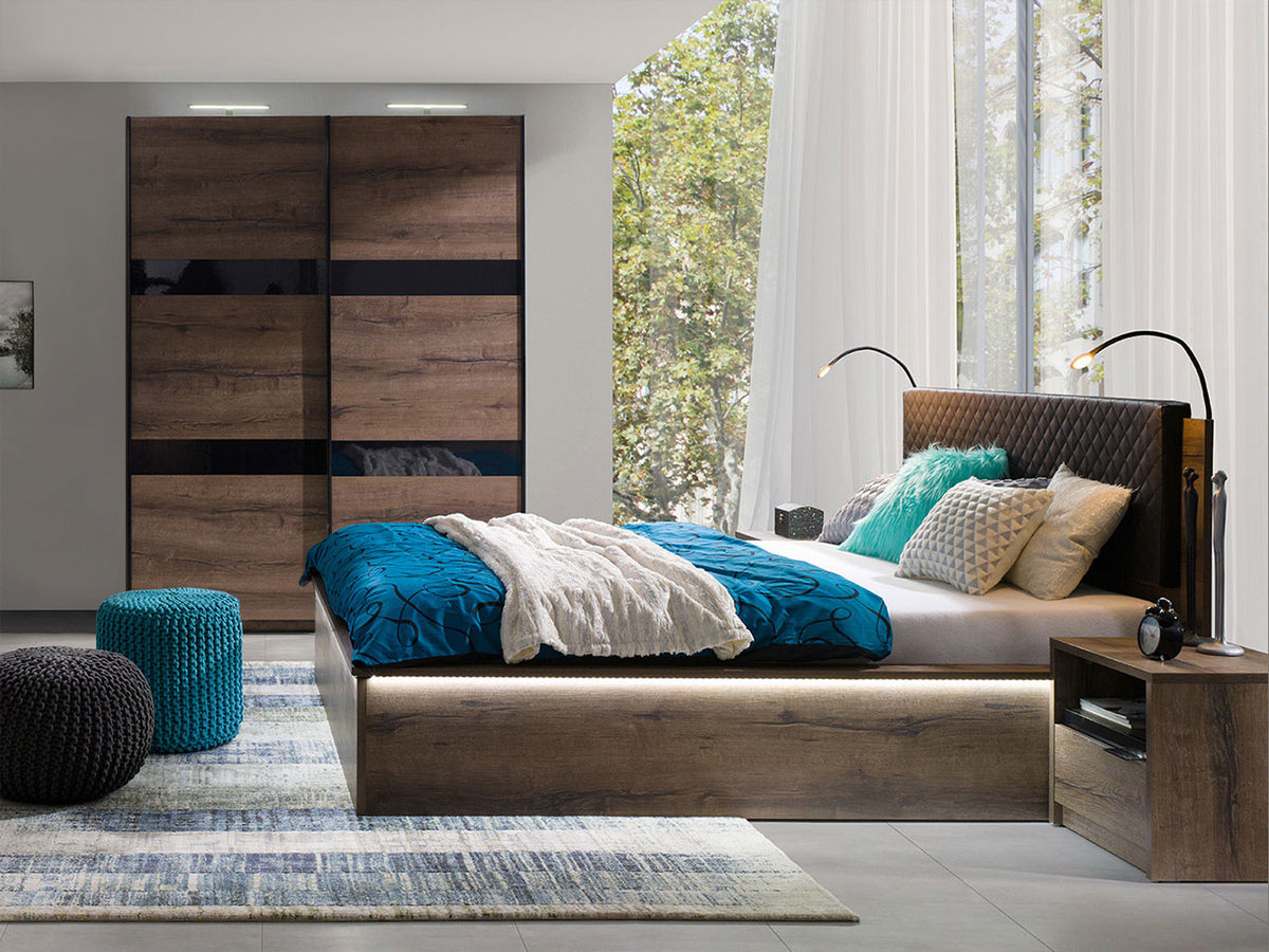 Hálószoba garnitúra Denver (Verdek VI), Fék: Igen, Led világítás: Igen, Szín: Monastery tölgy + Fényes fekete