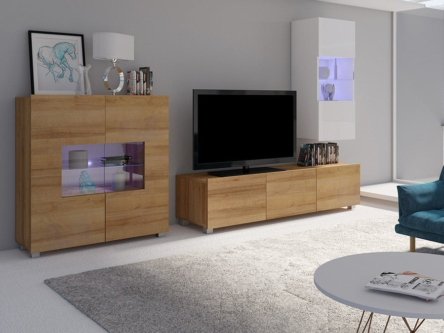 Nappali szett Calabrini (Bralani VII), Szín: Arany tölgy + Fehér + Fényes fehér , Led világítás: Ez kék