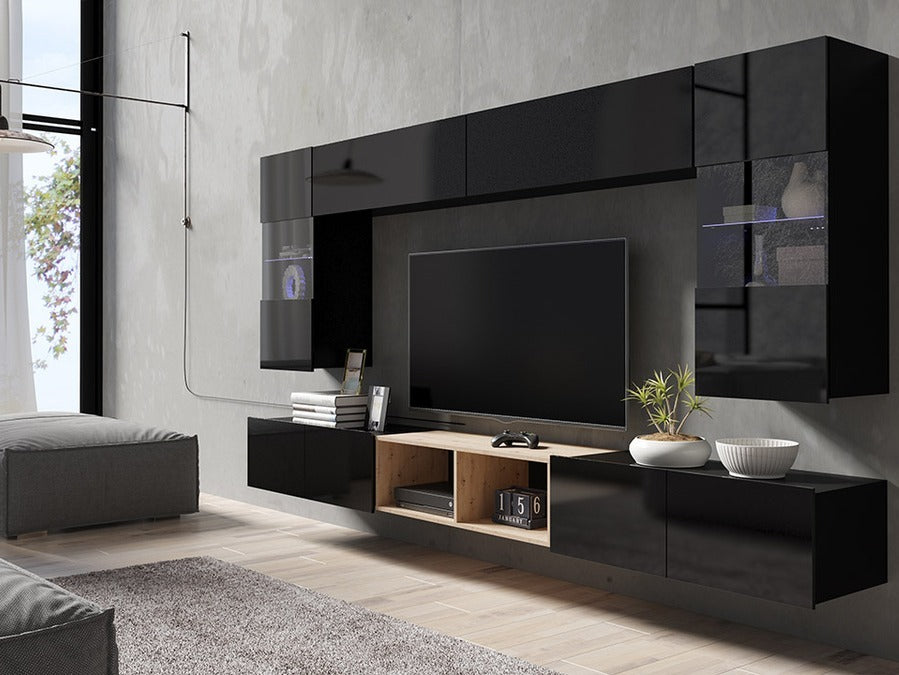 Nappali szett Calabrini (Bralani XXIV), Szín: Fekete + Fényes fekete + Artisan tölgy, Led világítás: Nem