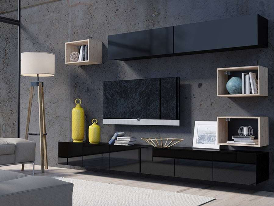 Nappali szett Calabrini (Bralani XXXI), Szín: Fekete + Fényes fekete + Artisan tölgy