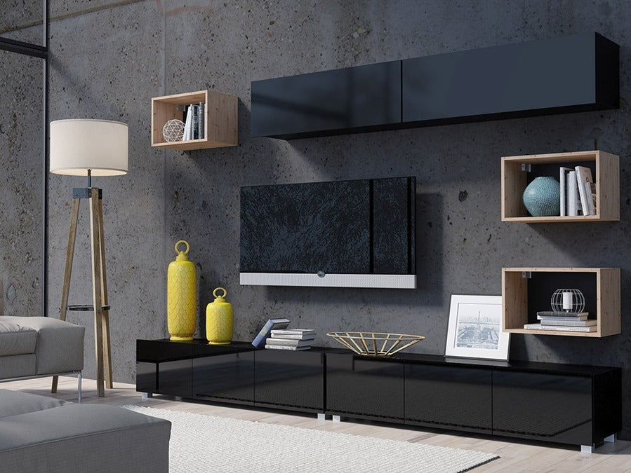 Nappali szett Calabrini (Bralani XXXI), Szín: Fekete + Fényes fekete + Artisan tölgy