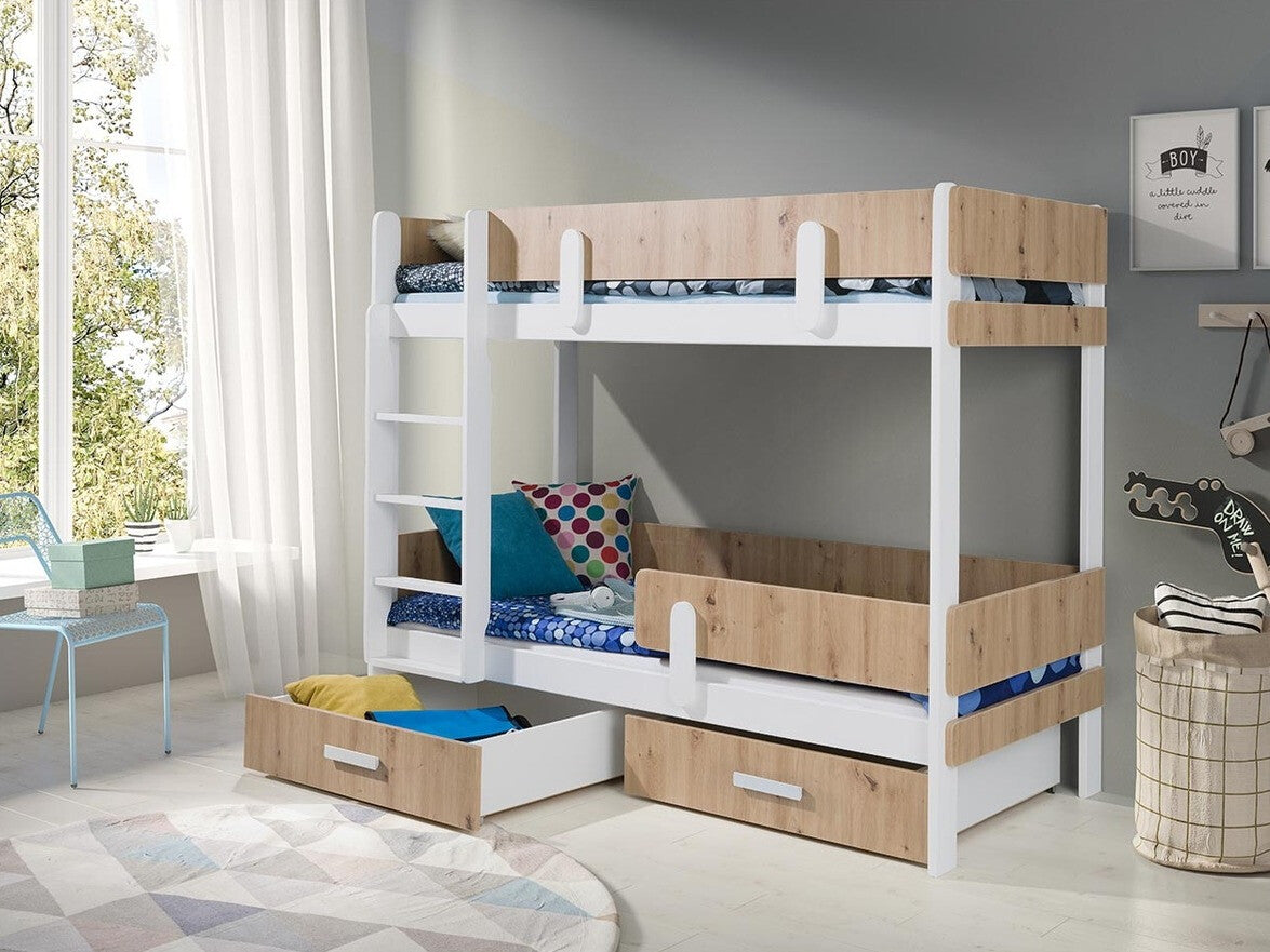 Emeletes ágy ETTORE (Petenti 90), Szín: Fehér + Artisan tölgy, Változatok: Balos