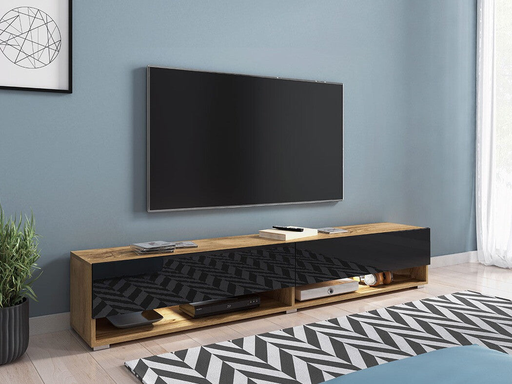 TV-állvány Lowboard A180 (Adenik 180), Led világítás: Nem, Szín: Wotan tölgy + Fényes fekete