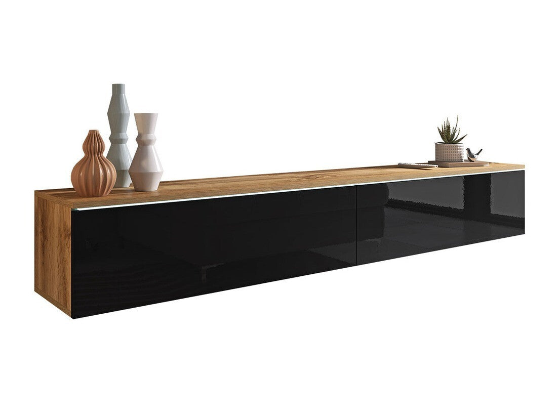 TV-állvány Lowboard D180 (Dlone 180), Led világítás: Nem, Szín: Wotan tölgy + Fényes fekete