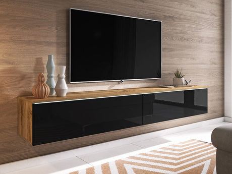 TV-állvány Lowboard D180 (Dlone 180), Led világítás: Nem, Szín: Wotan tölgy + Fényes fekete