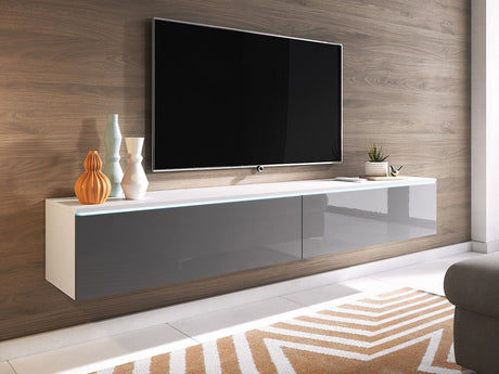TV-állvány Lowboard D180 (Dlone 180), Led világítás: Nem, Szín: Fehér + Fényes szürke