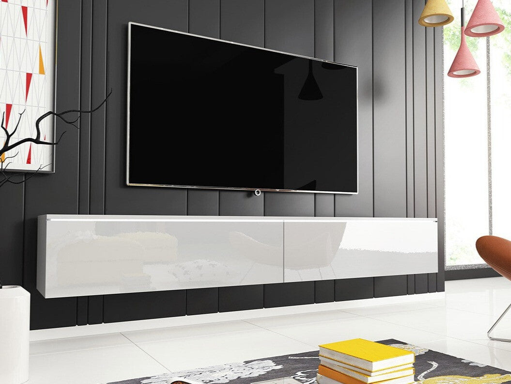 TV-állvány Lowboard D180 (Dlone 180), Led világítás: Igen, Szín: Fehér + Fényes fehér