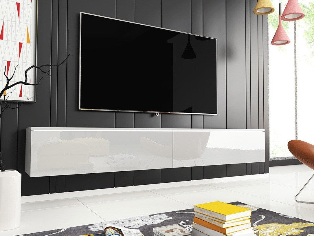 TV-állvány Lowboard D180 (Dlone 180), Led világítás: Nem, Szín: Fehér + Fényes fehér