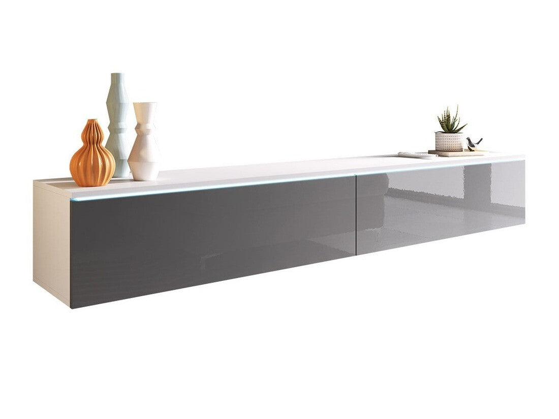 TV-állvány Lowboard D180 (Dlone 180), Led világítás: Igen, Szín: Fehér + Fényes szürke