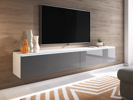 TV-állvány Lowboard D180 (Dlone 180), Led világítás: Igen, Szín: Fehér + Fényes szürke