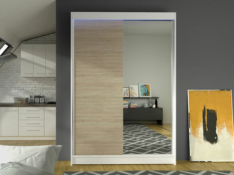 Gardróbszekrény Linem I (Parys I), Szín: Fehér + Sonoma tölgy, Led világítás: Igen