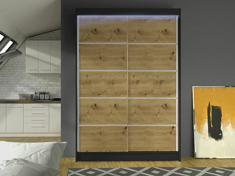 Gardróbszekrény Linem IV (Parys IV), Szín: Fekete + Artisan tölgy, Led világítás: Igen