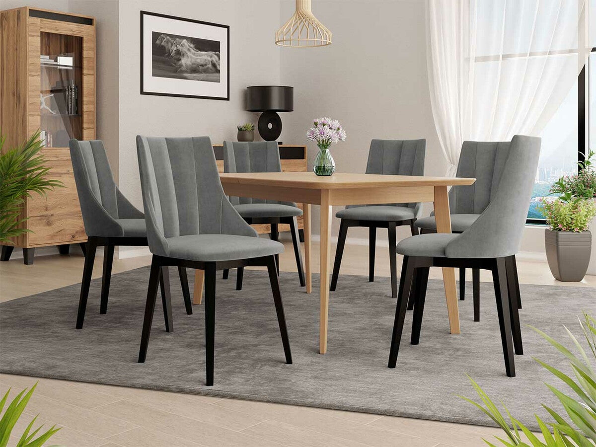 Étkezőgarnitúra Zestaw 07 6xS97 SKANDI 140x80, Szék színe: Fekete + Magic Velvet 2217, Asztal színe: Barna