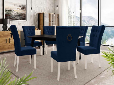 Étkezőgarnitúra Zestaw 09 6xS67 SKANDI 140x80, Szék színe: Fehér + Magic Velvet 2216, Asztal színe: Fekete, Színes dekorációk: Fekete