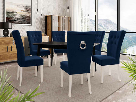 Étkezőgarnitúra Zestaw 09 6xS67 SKANDI 140x80, Szék színe: Fehér + Magic Velvet 2216, Asztal színe: Fekete, Színes dekorációk: Ezüst
