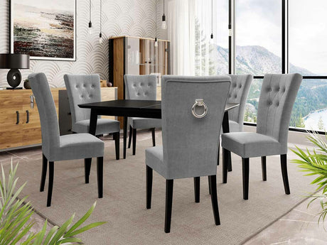 Étkezőgarnitúra Zestaw 09 6xS67 SKANDI 140x80, Szék színe: Fekete + Magic Velvet 2217, Asztal színe: Fekete, Színes dekorációk: Ezüst