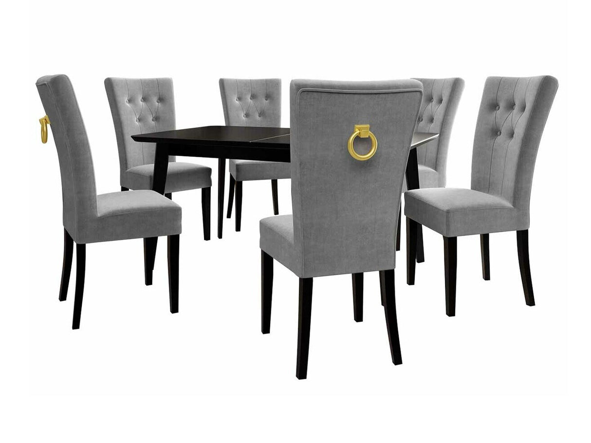 Étkezőgarnitúra Zestaw 09 6xS67 SKANDI 140x80, Szék színe: Fekete + Magic Velvet 2217, Asztal színe: Fekete, Színes dekorációk: Aranysárga