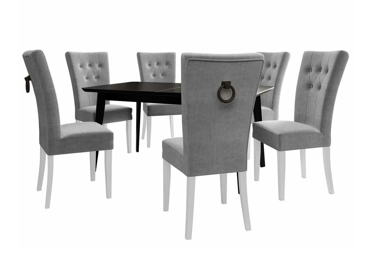Étkezőgarnitúra Zestaw 09 6xS67 SKANDI 140x80, Szék színe: Fehér + Magic Velvet 2217, Asztal színe: Fekete, Színes dekorációk: Fekete