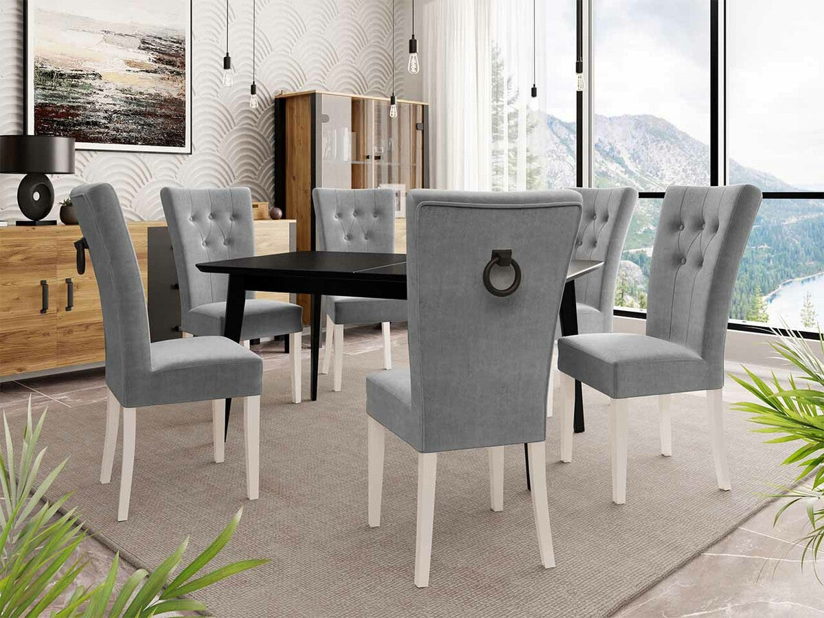 Étkezőgarnitúra Zestaw 09 6xS67 SKANDI 140x80, Szék színe: Fehér + Magic Velvet 2217, Asztal színe: Fekete, Színes dekorációk: Fekete