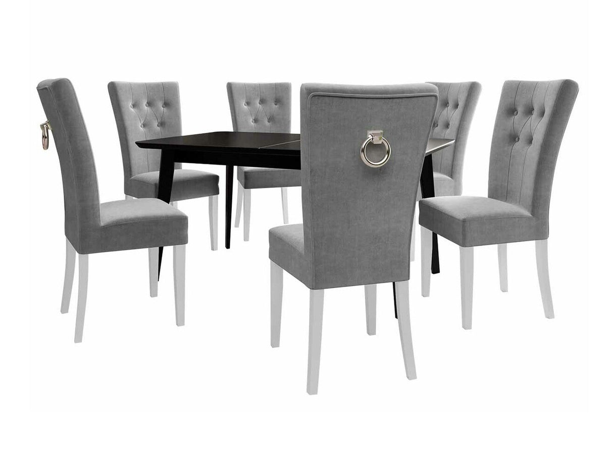 Étkezőgarnitúra Zestaw 09 6xS67 SKANDI 140x80, Szék színe: Fehér + Magic Velvet 2217, Asztal színe: Fekete, Színes dekorációk: Ezüst