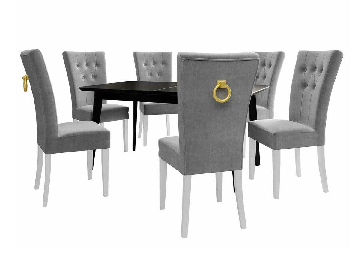 Étkezőgarnitúra Zestaw 09 6xS67 SKANDI 140x80, Szék színe: Fehér + Magic Velvet 2217, Asztal színe: Fekete, Színes dekorációk: Aranysárga