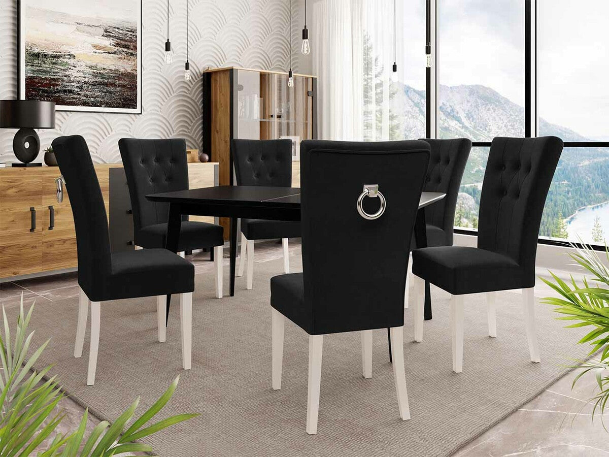 Étkezőgarnitúra Zestaw 09 6xS67 SKANDI 140x80, Szék színe: Fehér + Magic Velvet 2219, Asztal színe: Fekete, Színes dekorációk: Ezüst