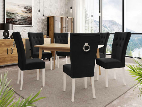 Étkezőgarnitúra Zestaw 09 6xS67 SKANDI 140x80, Szék színe: Fehér + Magic Velvet 2219, Asztal színe: Barna, Színes dekorációk: Ezüst