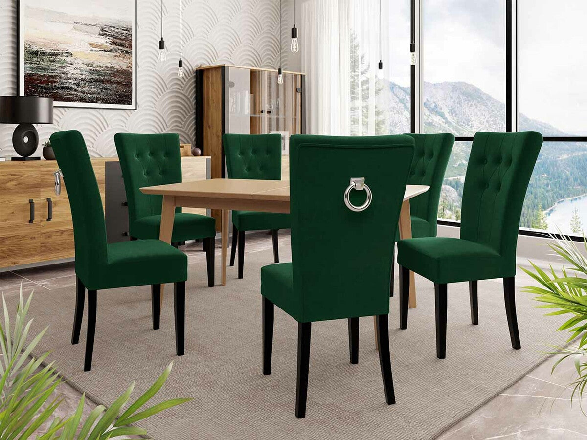 Étkezőgarnitúra Zestaw 09 6xS67 SKANDI 140x80, Szék színe: Fekete + Magic Velvet 2225, Asztal színe: Fekete, Színes dekorációk: Ezüst