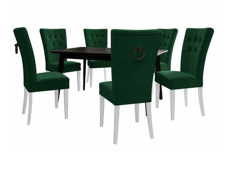 Étkezőgarnitúra Zestaw 09 6xS67 SKANDI 140x80, Szék színe: Fehér + Magic Velvet 2225, Asztal színe: Fekete, Színes dekorációk: Fekete