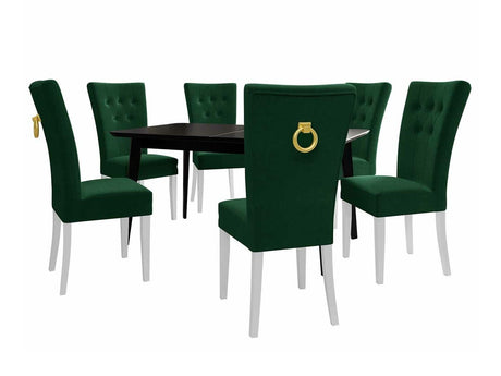 Étkezőgarnitúra Zestaw 09 6xS67 SKANDI 140x80, Szék színe: Fehér + Magic Velvet 2225, Asztal színe: Fekete, Színes dekorációk: Aranysárga