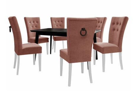 Étkezőgarnitúra Zestaw 09 6xS67 SKANDI 140x80, Szék színe: Fehér + Magic Velvet 2258, Asztal színe: Fekete, Színes dekorációk: Fekete