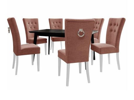 Étkezőgarnitúra Zestaw 09 6xS67 SKANDI 140x80, Szék színe: Fehér + Magic Velvet 2258, Asztal színe: Fekete, Színes dekorációk: Ezüst