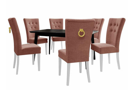 Étkezőgarnitúra Zestaw 09 6xS67 SKANDI 140x80, Szék színe: Fehér + Magic Velvet 2258, Asztal színe: Fekete, Színes dekorációk: Aranysárga