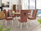 Étkezőgarnitúra Zestaw 09 6xS67 SKANDI 140x80, Szék színe: Fehér + Magic Velvet 2258, Asztal színe: Barna, Színes dekorációk: Fekete