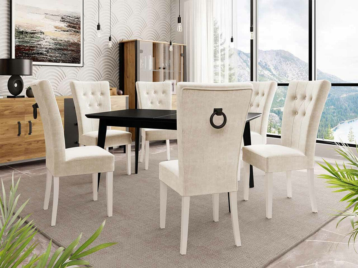 Étkezőgarnitúra Zestaw 09 6xS67 SKANDI 140x80, Szék színe: Fehér + Magic Velvet 2250, Asztal színe: Fekete, Színes dekorációk: Fekete